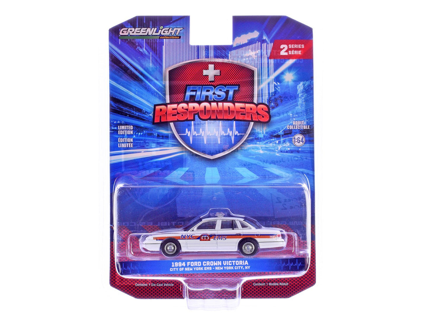 1994 Ford Crown Victoria "NYC EMS (City of New York Emergency Medical Service)" White with Blue and Red Stripes "First Responders" Series 2 1/64 Diecast Model Car by Greenlight free shipping USA