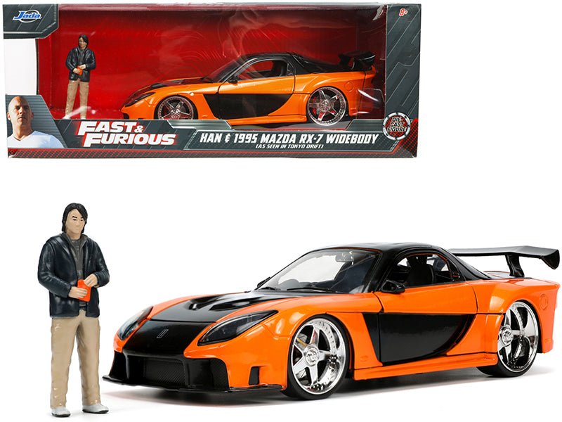1995 Mazda RX-7 Widebody RHD (Right Hand Drive) Orange Metallic and Black with Han Diecast Figurine "The Fast and the Furious: Tokyo Drift" (2006) Movie 1/24 Diecast Model Car by Jada free shipping USA