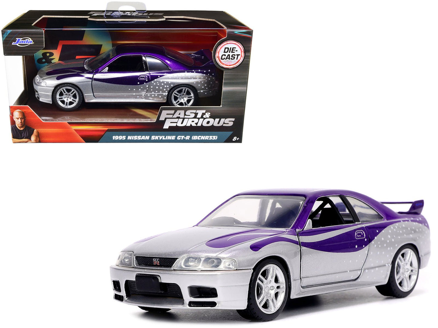 1995 Nissan Skyline GT-R (BCNR33) Purple and Silver Metallic "Fast & Furious" Series 1/32 Diecast Model Car by Jada free shipping USA