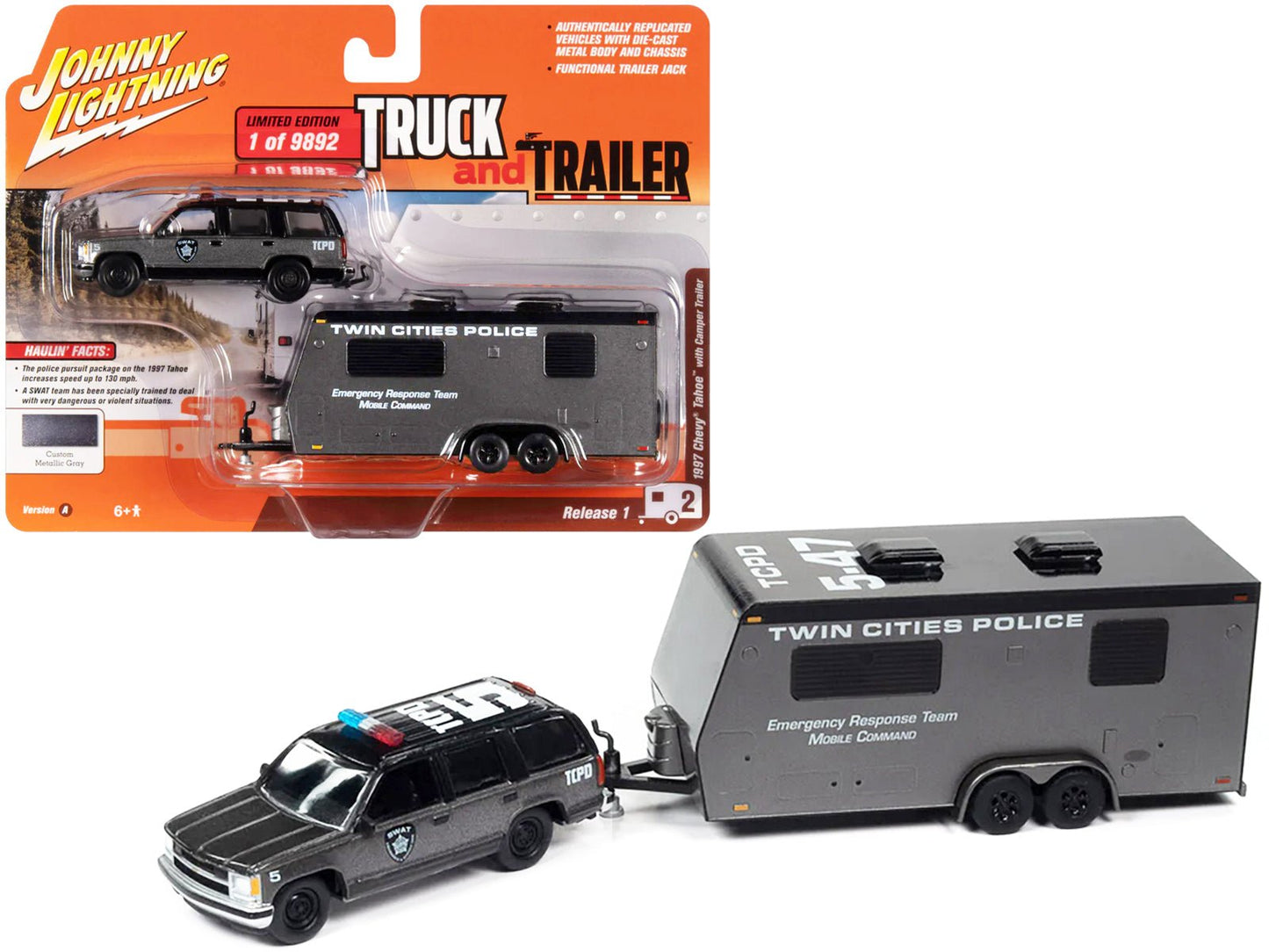 1997 Chevrolet Tahoe "SWAT" Custom Gray Metallic and Black with "Twin Cities Police" Camper Trailer Limited Edition to 9892 pieces Worldwide "Truck and Trailer" Series 1/64 Diecast Model Car by Johnny Lightning free shipping USA