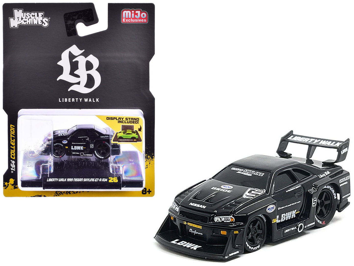 1999 Nissan Skyline GT-R (R34) #5 "Liberty Walk" Black 1/64 Diecast Model Car by Muscle Machines free shipping USA