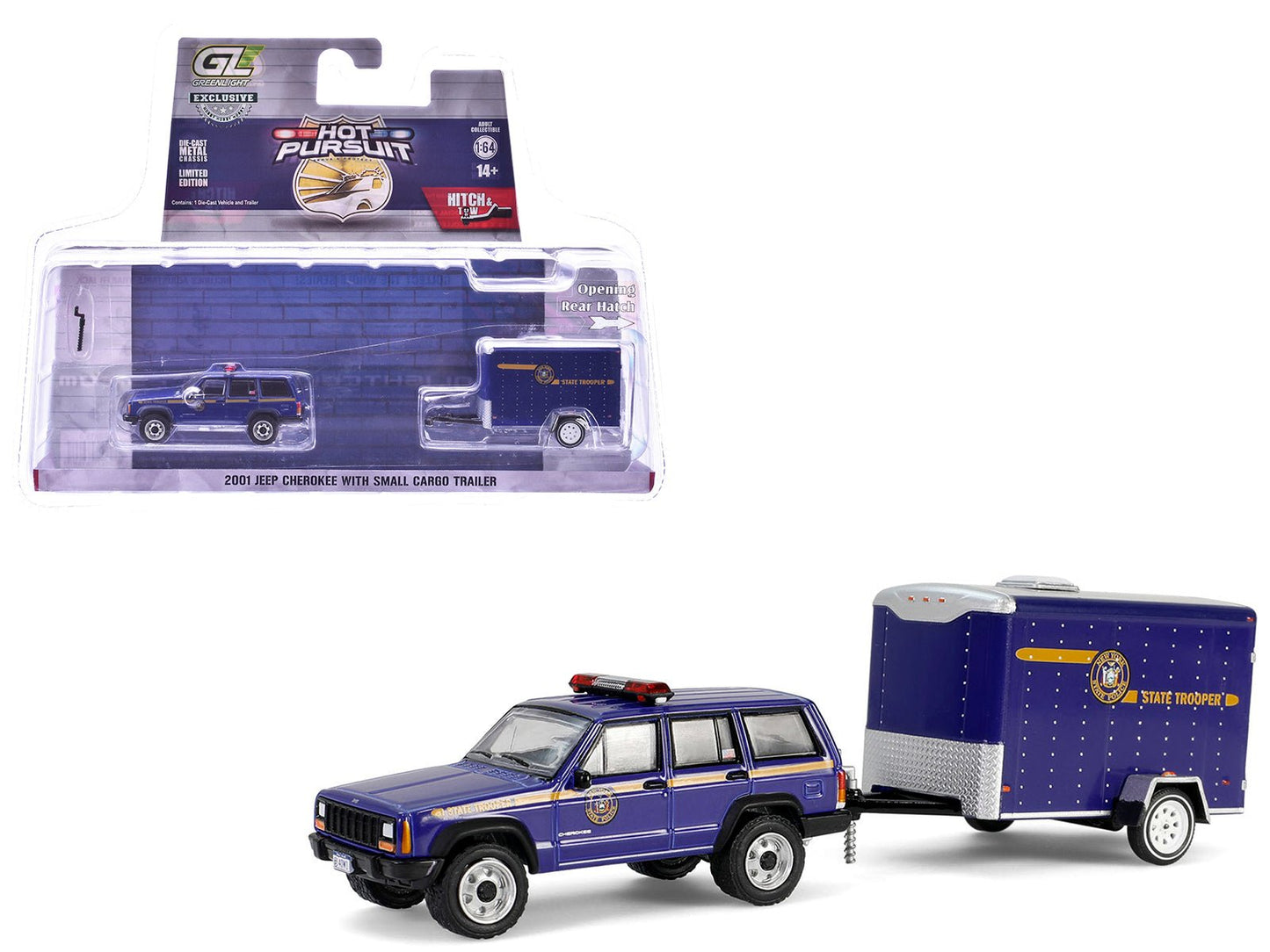 2001 Jeep Cherokee "New York State Police" Blue with Yellow Stripes and Small Cargo Trailer "Hot Pursuit Hitch & Tow" Series 1 1/64 Diecast Model Cars by Greenlight free shipping USA