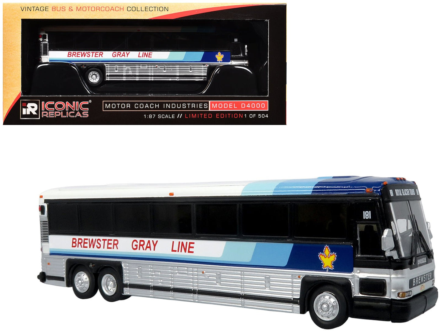 2001 MCI D4000 Coach Bus "Brewster Gray Line" White with Blue Stripes "Vintage Bus & Motorcoach Collection" Limited Edition to 504 pieces Worldwide 1/87 (HO) Diecast Model by Iconic Replicas free shipping USA