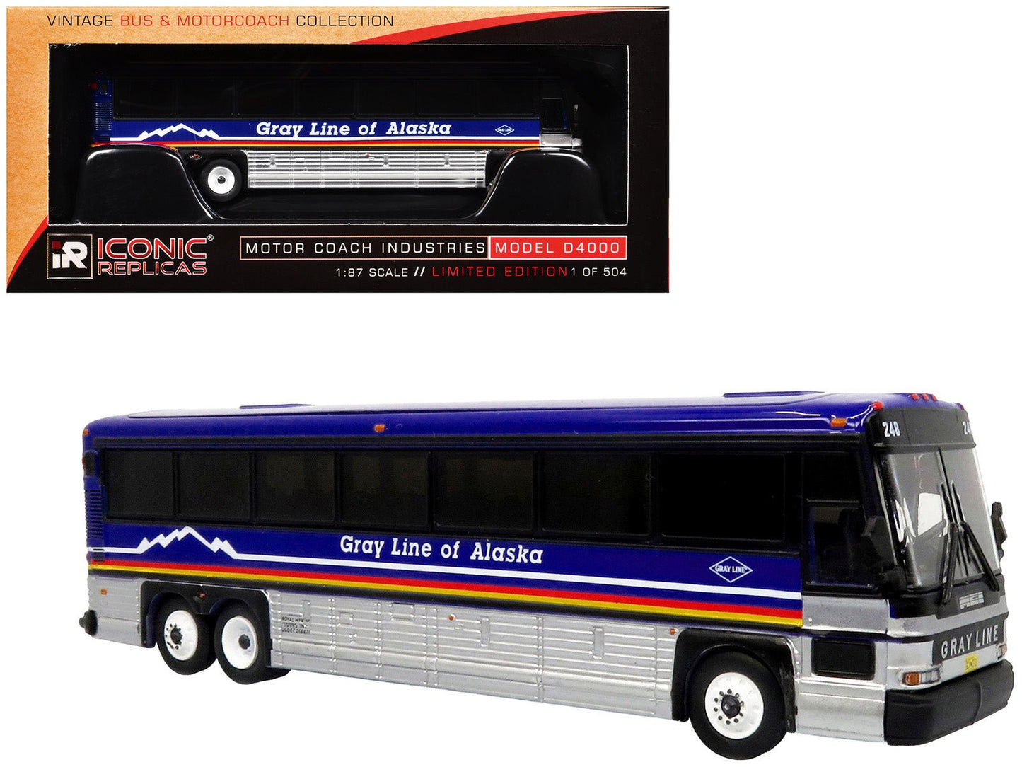 2001 MCI D4000 Coach Bus "Gray Line of Alaska" Dark Blue with Stripes "Vintage Bus & Motorcoach Collection" Limited Edition to 504 pieces Worldwide 1/87 (HO) Diecast Model by Iconic Replicas free shipping USA