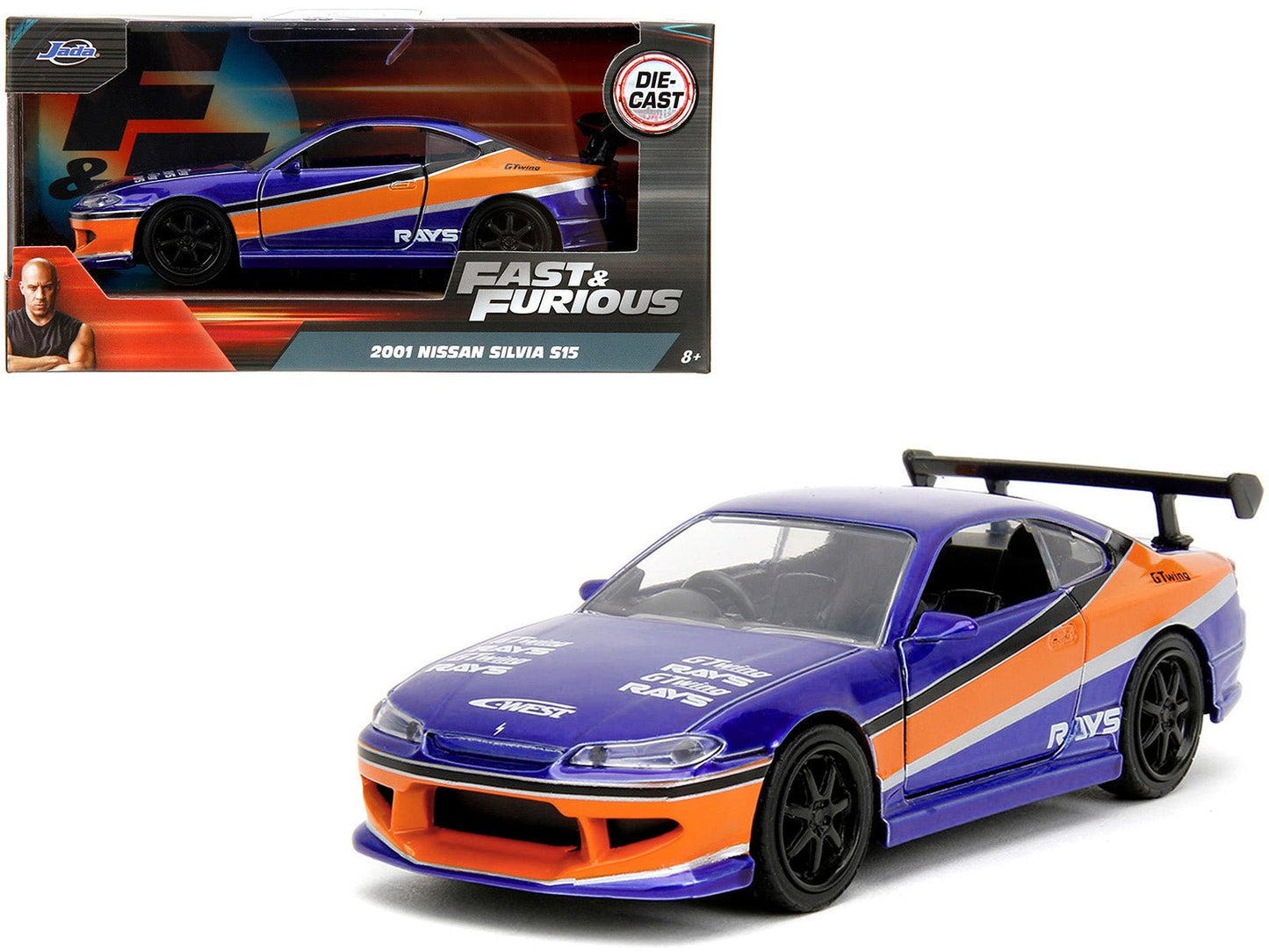 2001 Nissan Silvia S15 RHD (Right Hand Drive) Blue Metallic with Graphics "The Fast and the Furious: Tokyo Drift" (2006) Movie "Fast & Furious" Series 1/32 Diecast Car Model by Jada free shipping USA