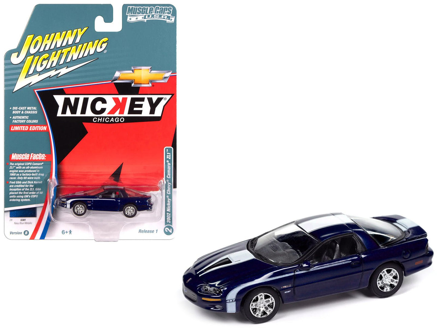 2002 Chevrolet Nickey Camaro ZL1 Navy Blue Metallic with White Stripes "Muscle Cars USA" Series 1/64 Diecast Model Car by Johnny Lightning free shipping USA