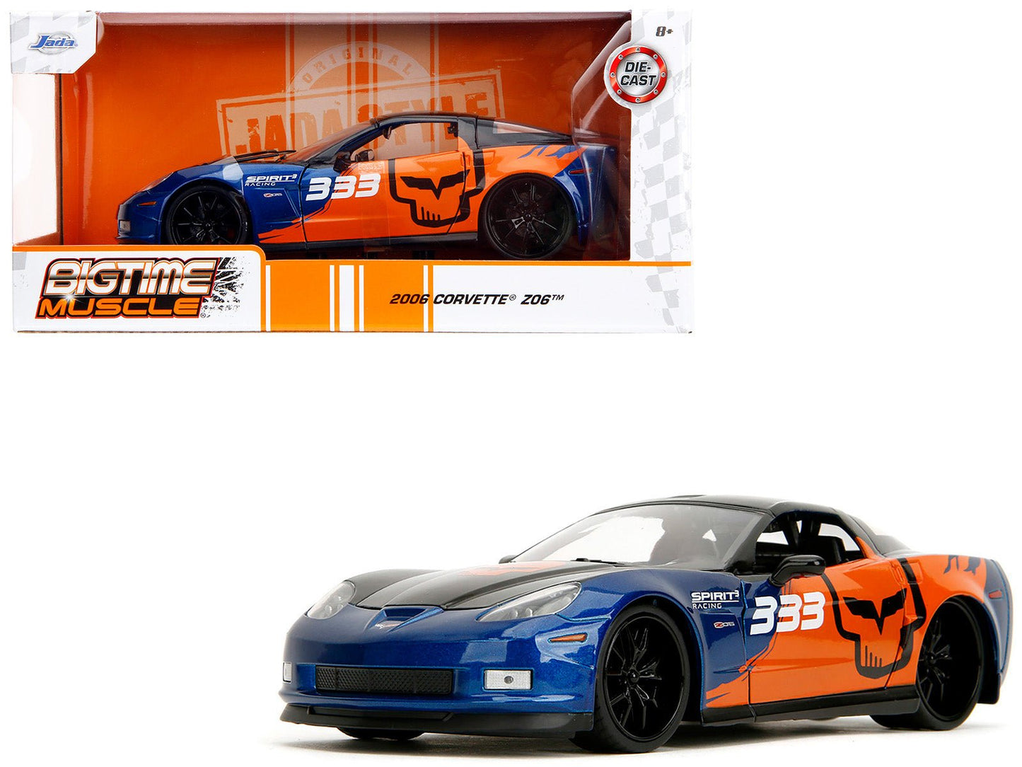2006 Chevrolet Corvette Z06 #333 "Spirit Racing" Blue Metallic and Orange with Black Hood and Top "Bigtime Muscle" Series 1/24 Diecast Model Car by Jada free shipping USA