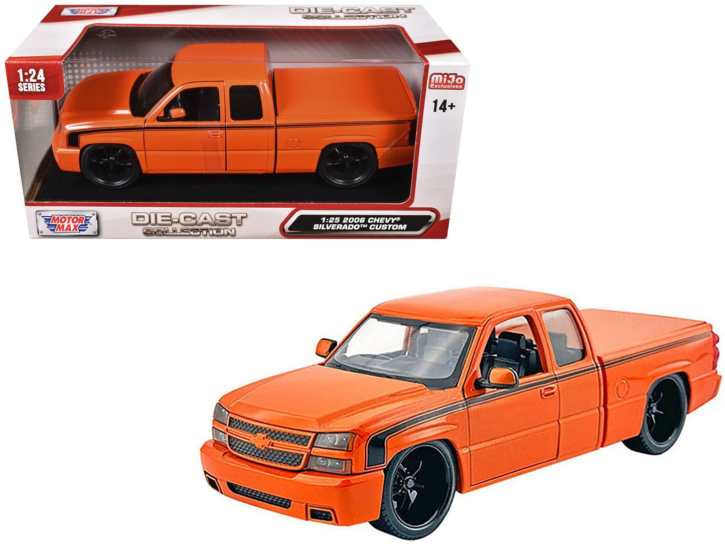 2006 Chevrolet Silverado Custom Pickup Truck Orange Metallic with Black Stripes "Die-Cast Collection" Series 1/25 Diecast Model Car by Motormax free shipping USA