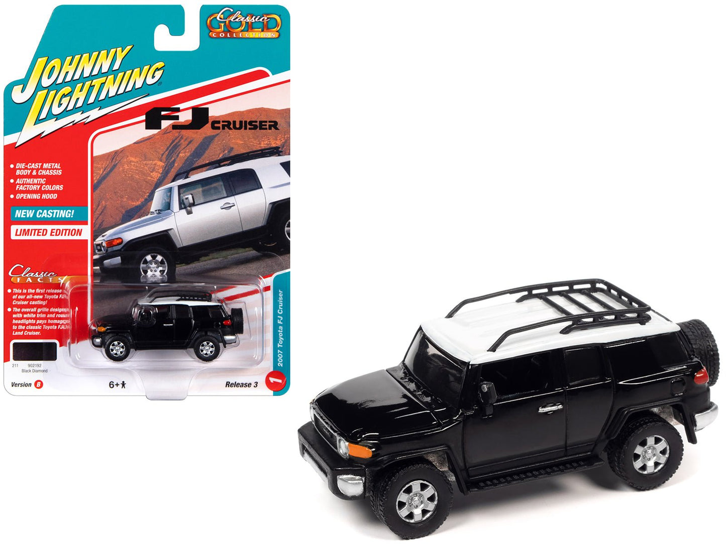 2007 Toyota FJ Cruiser Black Diamond with White Top and Roofrack "Classic Gold Collection" Series Limited Edition 1/64 Diecast Model Car by Johnny Lightning free shipping USA