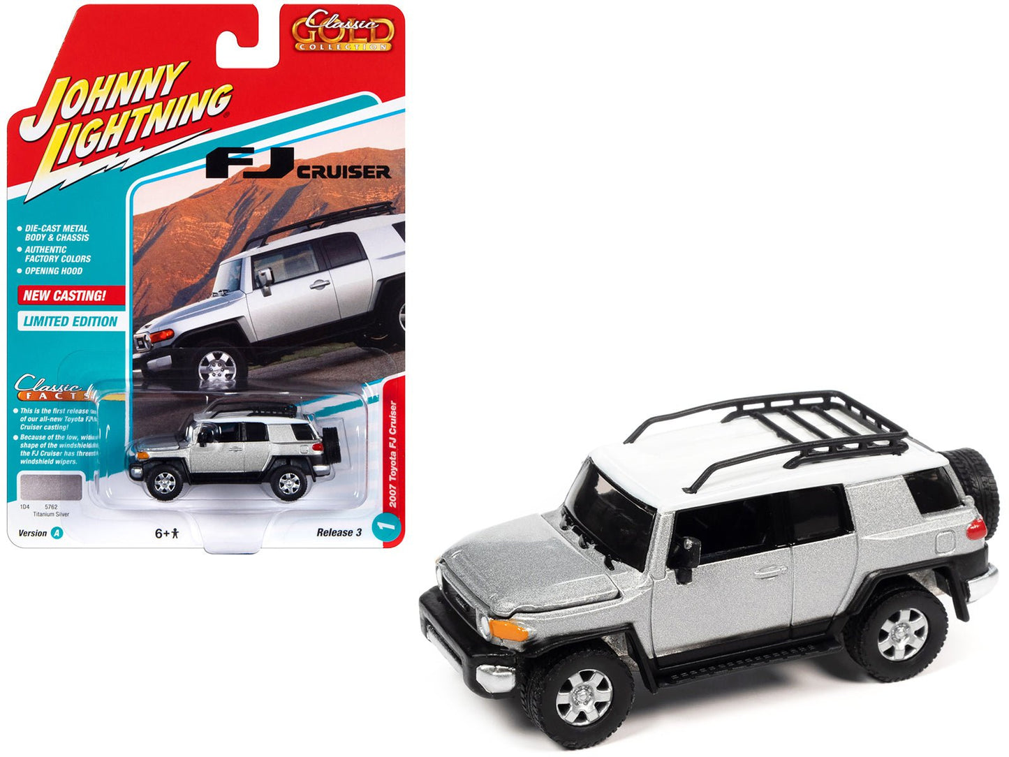 2007 Toyota FJ Cruiser Titanium Silver Metallic with White Top and Roofrack "Classic Gold Collection" Series Limited Edition 1/64 Diecast Model Car by Johnny Lightning free shipping USA
