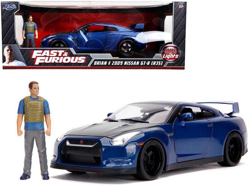 2009 Nissan GT-R (R35) Blue Metallic and Carbon with Lights and Brian Figurine "Fast & Furious" Movie 1/18 Diecast Model Car by Jada free shipping USA