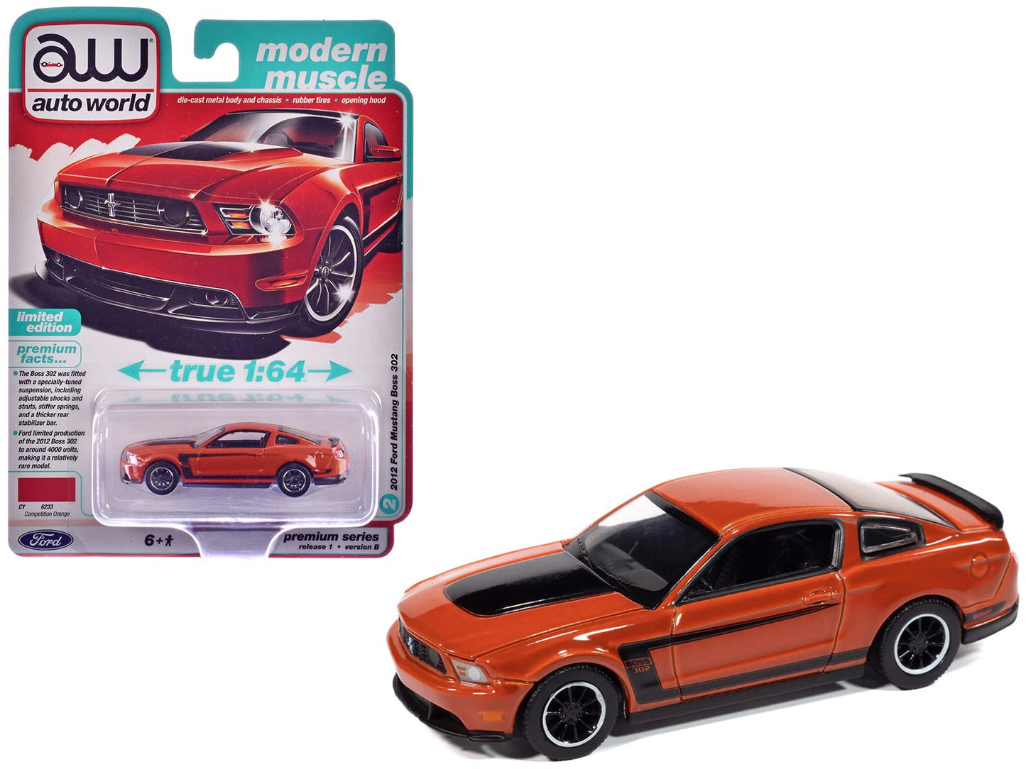 2012 Ford Mustang Boss 302 Competition Orange with Black Accents "Modern Muscle" Series 1/64 Diecast Model Car by Auto World free shipping USA