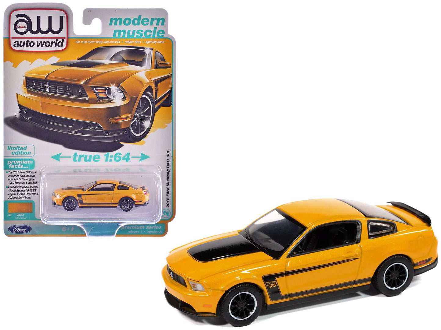 2012 Ford Mustang Boss 302 Yellow Blaze with Black Accents "Modern Muscle" Series 1/64 Diecast Model Car by Auto World free shipping USA