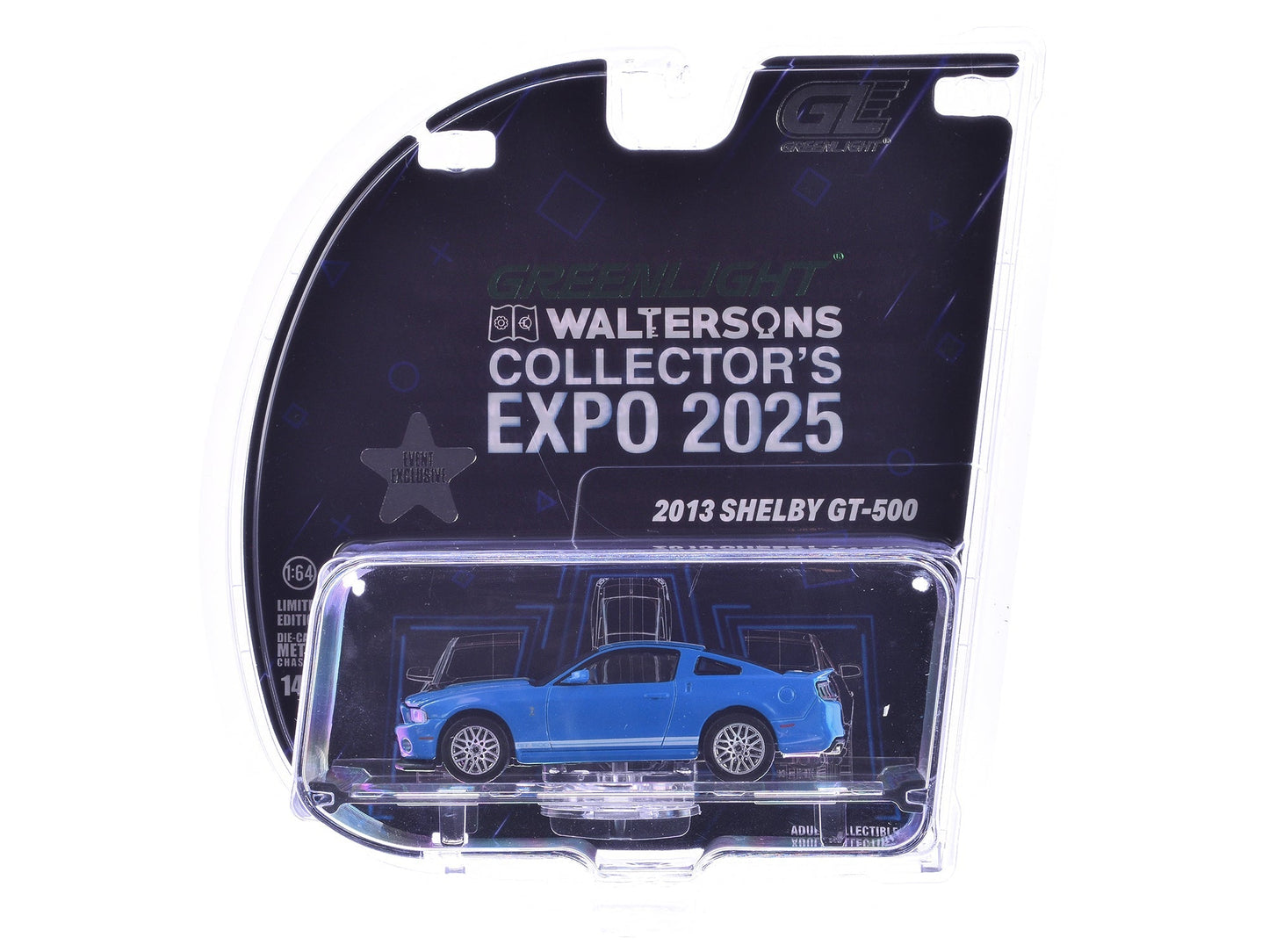 2013 Shelby GT-500 Blue with White Stripes "2025 Greenlight Waltersons Collector's Expo Exclusive" 1/64 Diecast Model Car by Greenlight free shipping USA