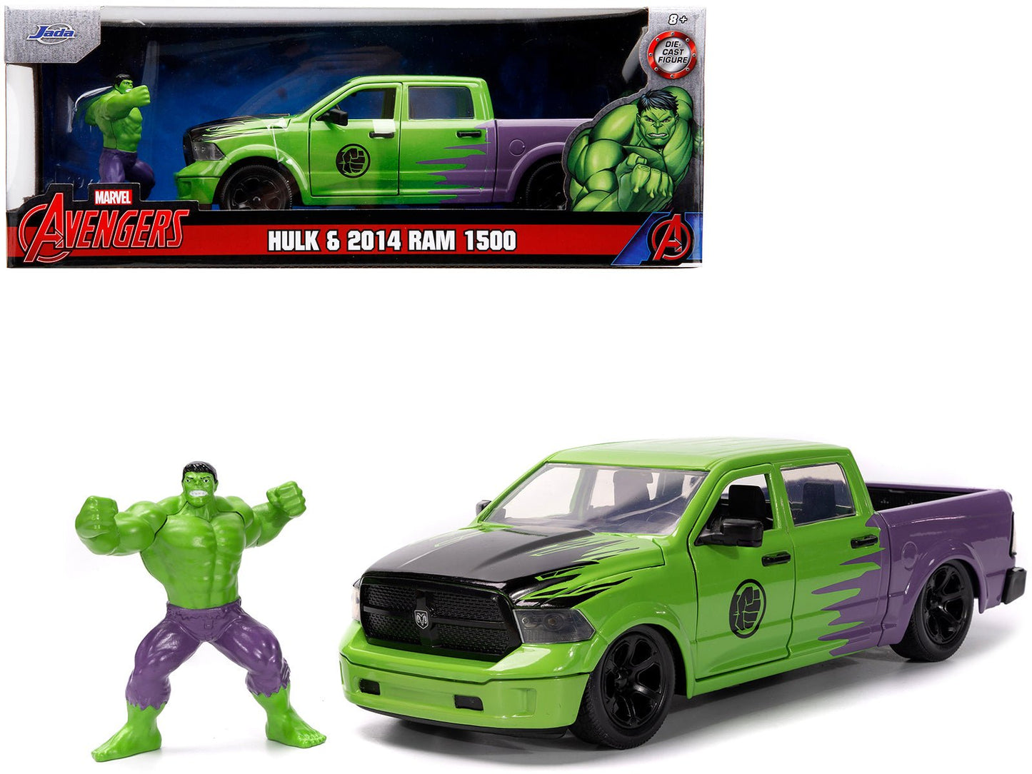2014 RAM 1500 Pickup Truck Green and Purple and Hulk Diecast Figure "Marvel Avengers" "Hollywood Rides" Series 1/24 Diecast Model Car by Jada free shipping USA