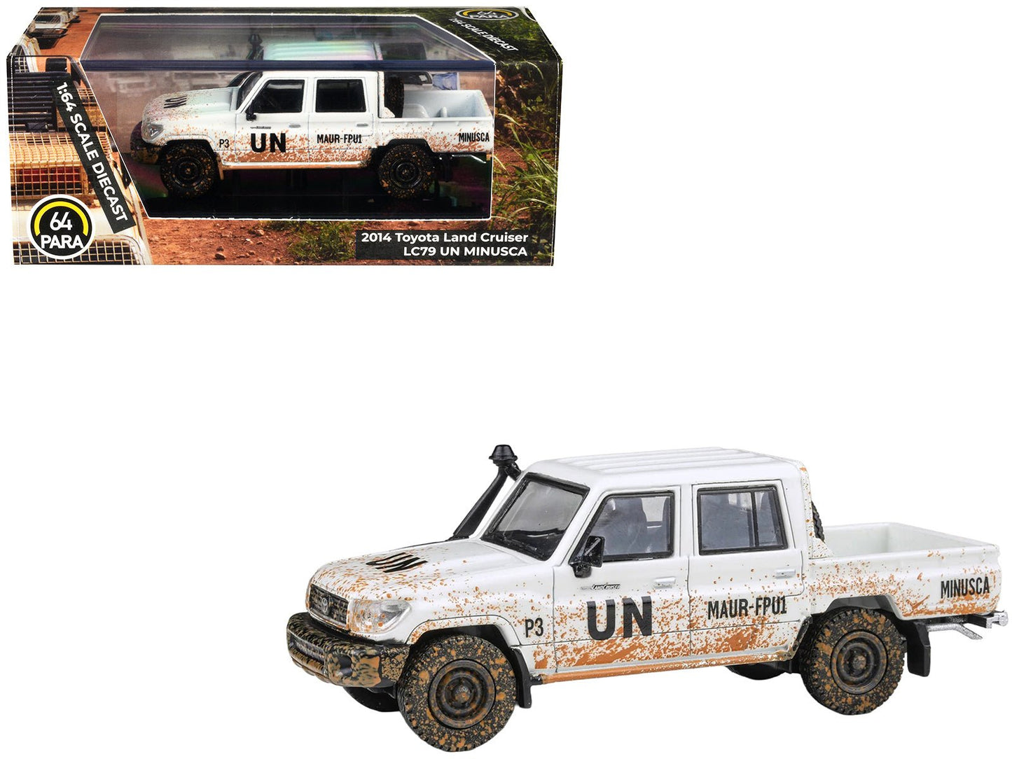2014 Toyota Land Cruiser LC 79 Pickup Truck "UN MINUSCA" White (Dirty Version) 1/64 Diecast Model Car by Paragon Models free shipping USA