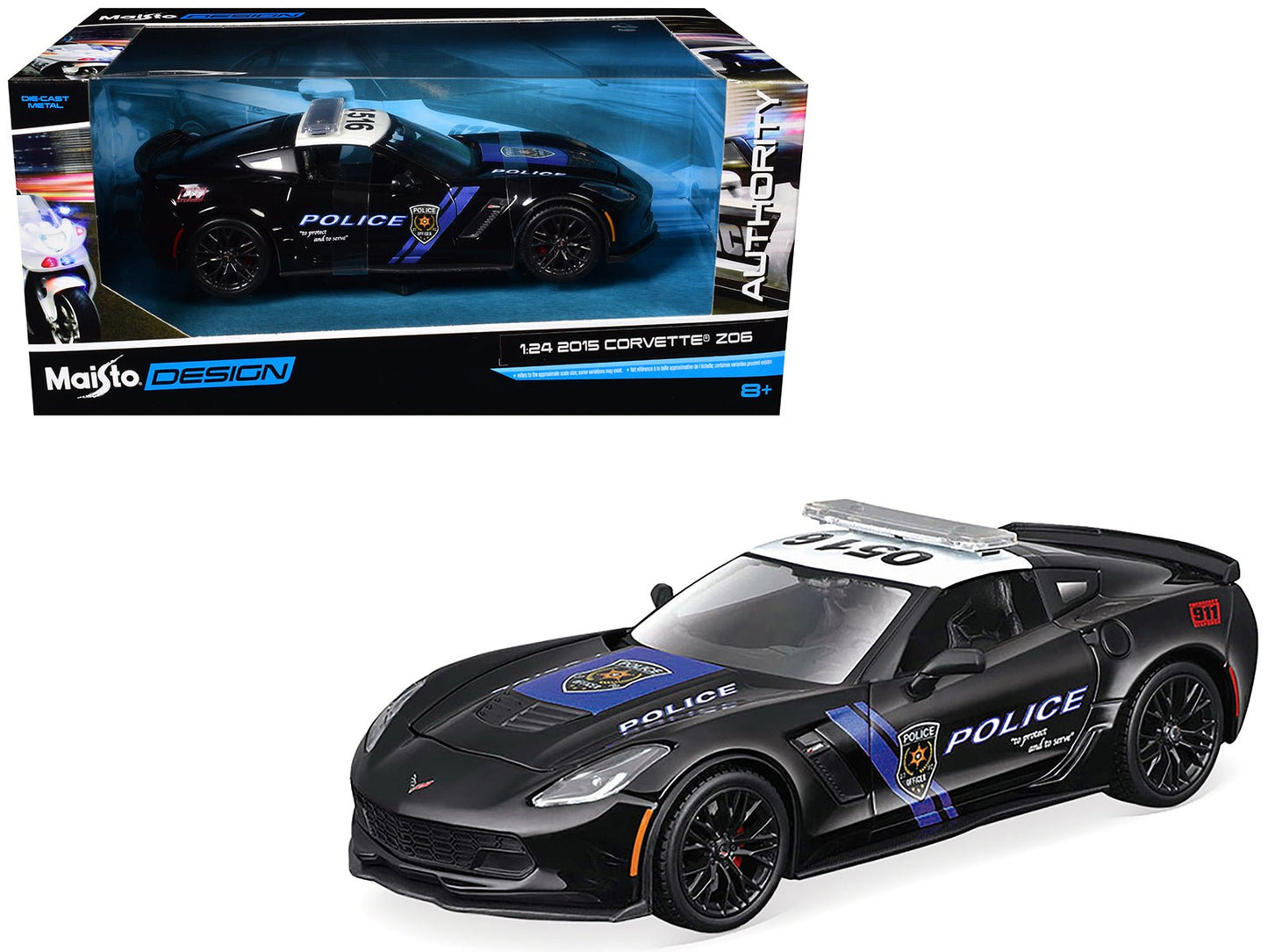 2015 Chevrolet Corvette Z06 "Police" Black with Blue Stripes and White Top "Maisto Design Authority" Series 1/24 Diecast Model Car by Maisto free shipping USA