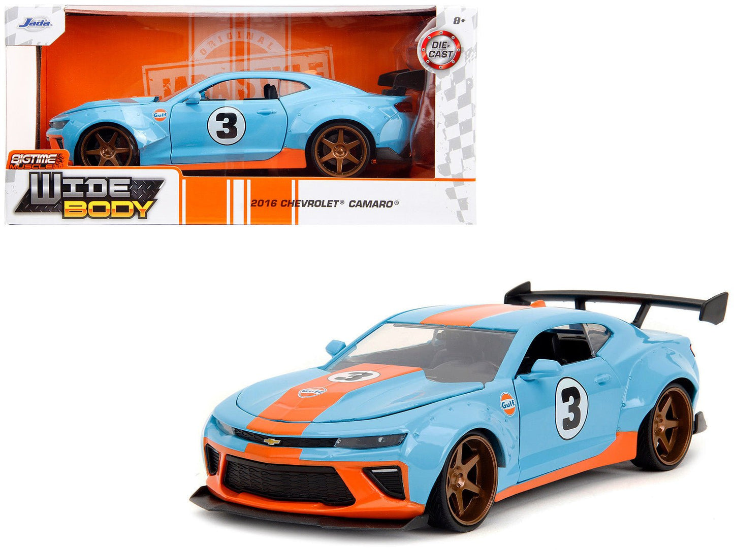 2016 Chevrolet Camaro Widebody #3 Light Blue with Orange Stripes "Gulf Oil" "Wide Body" Series 1/24 Diecast Model Car by Jada free shipping USA