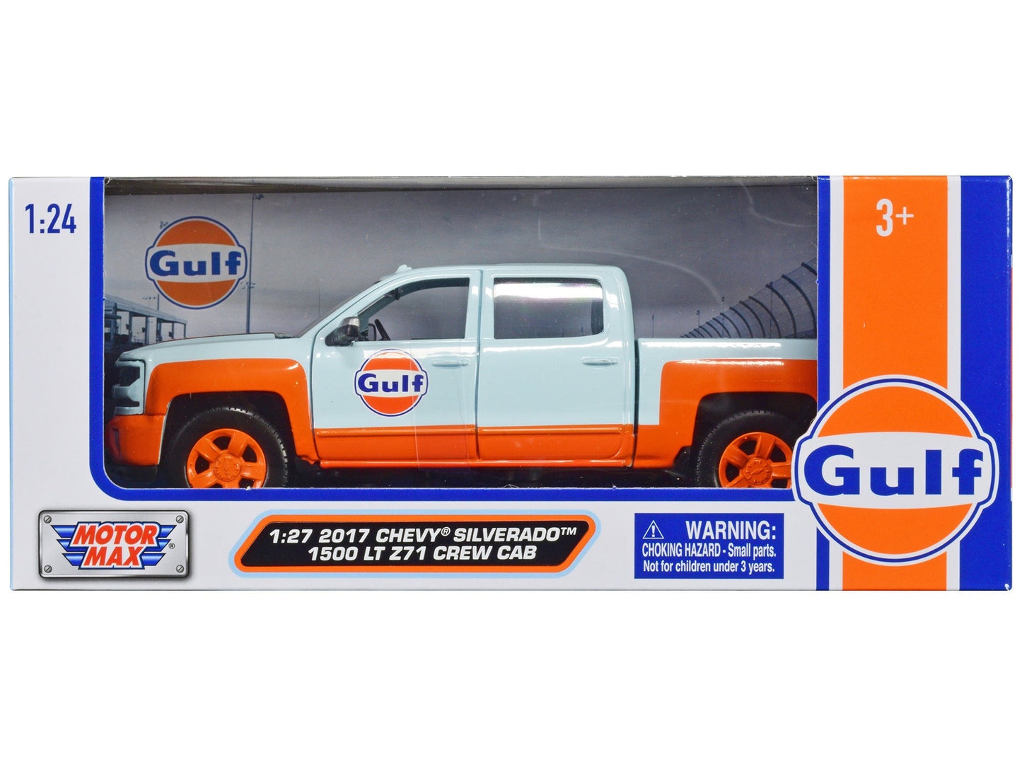2017 Chevrolet Silverado 1500 LT Z71 Crew Cab Pickup Truck Light Blue with Orange Stripes "Gulf Oil" "Gulf Die-Cast Collection" 1/27 Diecast Model Car by Motormax free shipping USA