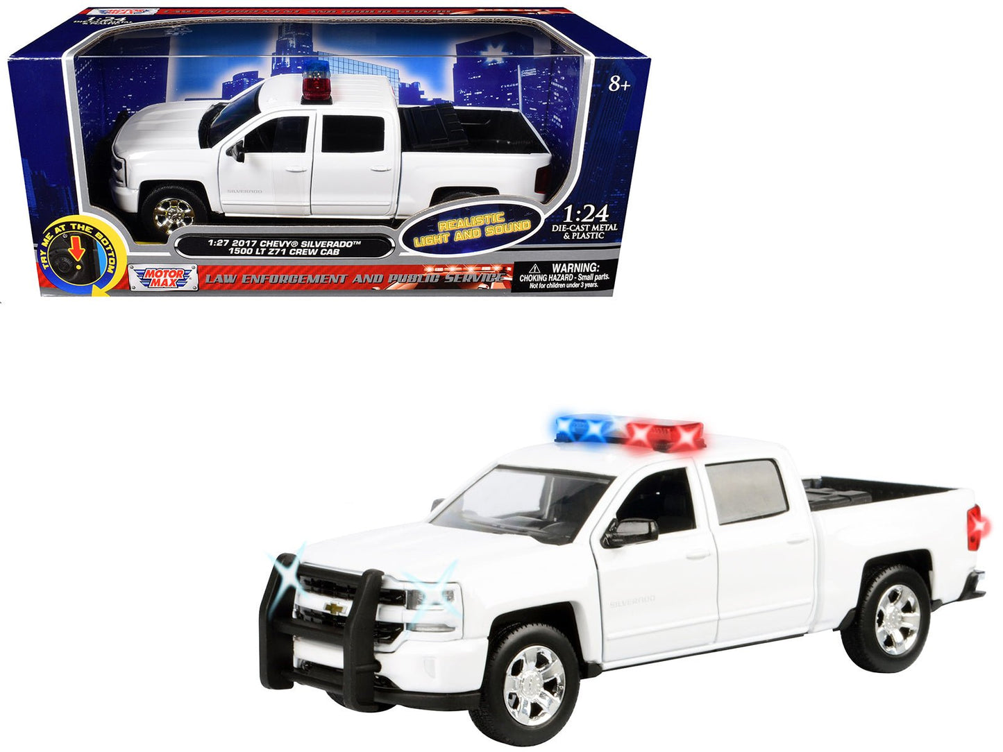 2017 Chevrolet Silverado 1500 LT Z71 Crew Cab Pickup Truck White with Flashing Light Bar and Front and Rear Lights and Sounds 1/27 Diecast Model Car by Motormax free shipping USA