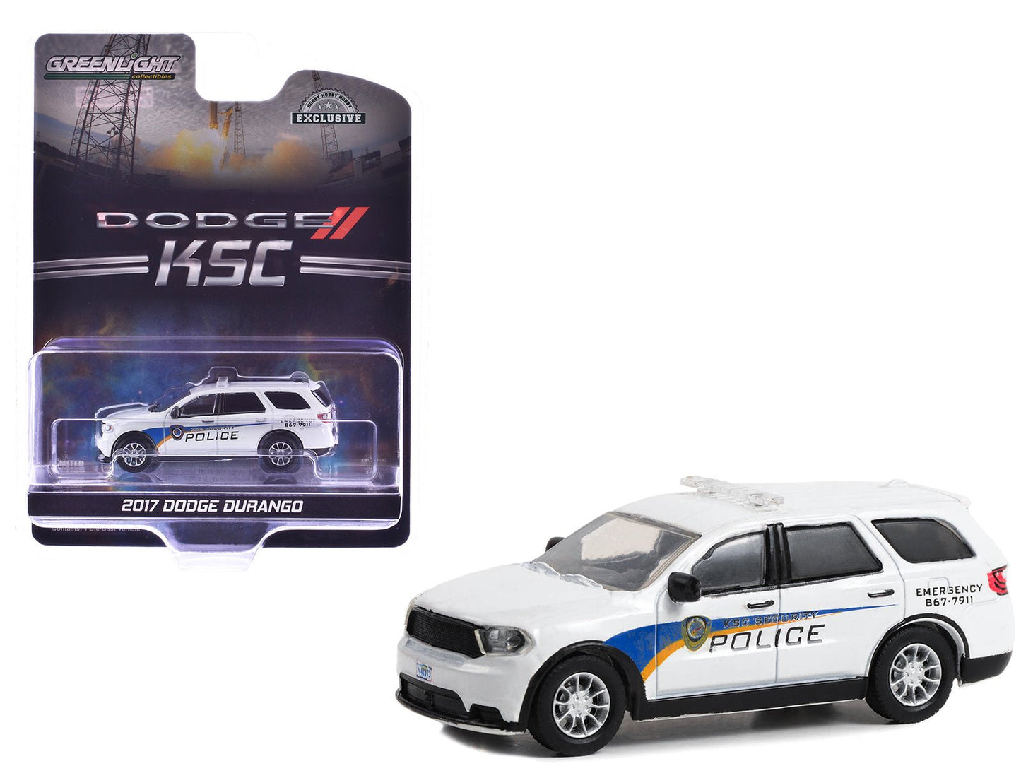 2017 Dodge Durango "Kennedy Space Center (KSC) Security Police Traffic Enforcement" White with Graphics "Hobby Exclusive" Series 1/64 Diecast Model Car by Greenlight free shipping USA