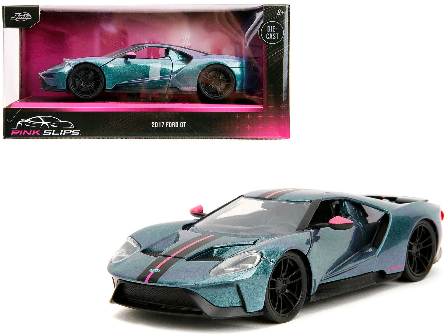 2017 Ford GT Blue Metallic with Pink and Black Stripes "Pink Slips" Series 1/24 Diecast Model Car by Jada free shipping USA