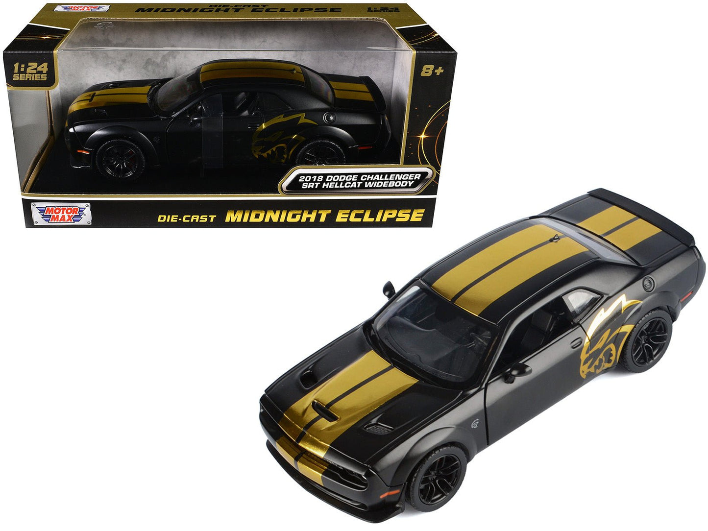 2018 Dodge Challenger SRT Hellcat Widebody Matt Black with Gold Stripes and Graphics "Midnight Eclipse" Series 1/24 Diecast Model Car by Motormax free shipping USA
