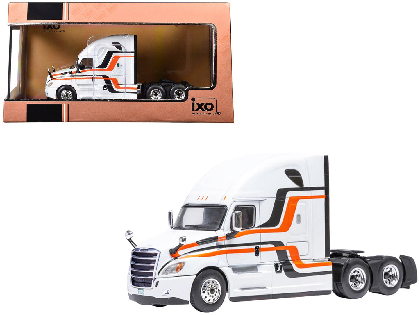 2018 Freightliner Cascadia Truck Tractor White with Black and Orange Stripes 1/64 Diecast Model by IXO Models free shipping USA