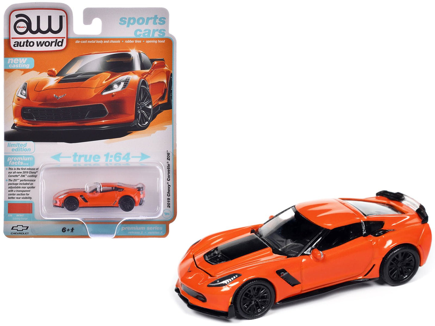 2019 Chevrolet Corvette Z06 Sebring Orange with Black Hood "Sports Cars" Series 1/64 Diecast Model Car by Auto World free shipping USA