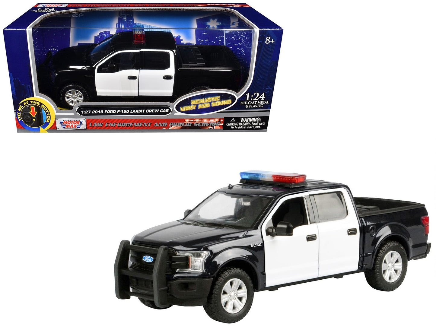 2019 Ford F-150 Lariat Crew Cab Pickup Truck Black and White with Flashing Light Bar and Front and Rear Lights and Sounds 1/27 Diecast Model Car by Motormax free shipping USA