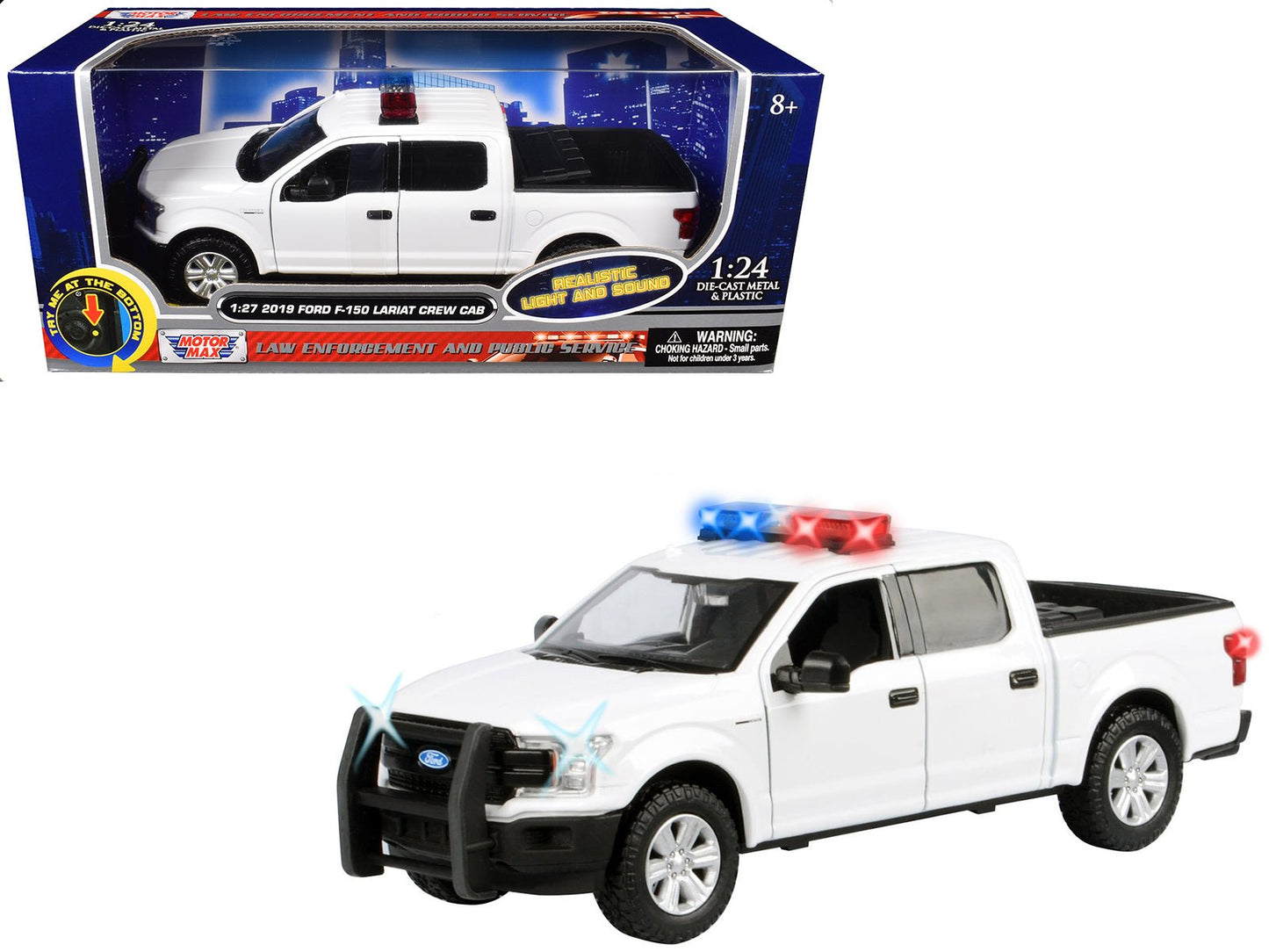 2019 Ford F-150 Lariat Crew Cab Pickup Truck White with Flashing Light Bar and Front and Rear Lights and Sounds 1/27 Diecast Model Car by Motormax free shipping USA