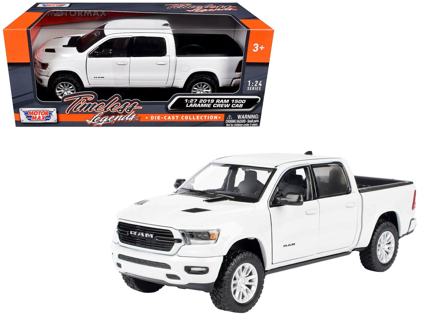 2019 RAM 1500 Laramie Crew Cab Pickup Truck White "Timeless Legends" Series 1/24 Diecast Model Car by Motormax free shipping USA