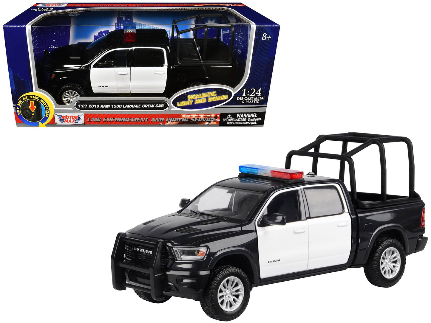 2019 RAM 1500 Laramie Crew Cab Pickup Truck with Bed Cage Black and White with Flashing Light Bar and Front and Rear Lights and Sounds 1/27 Diecast Model Car by Motormax free shipping USA