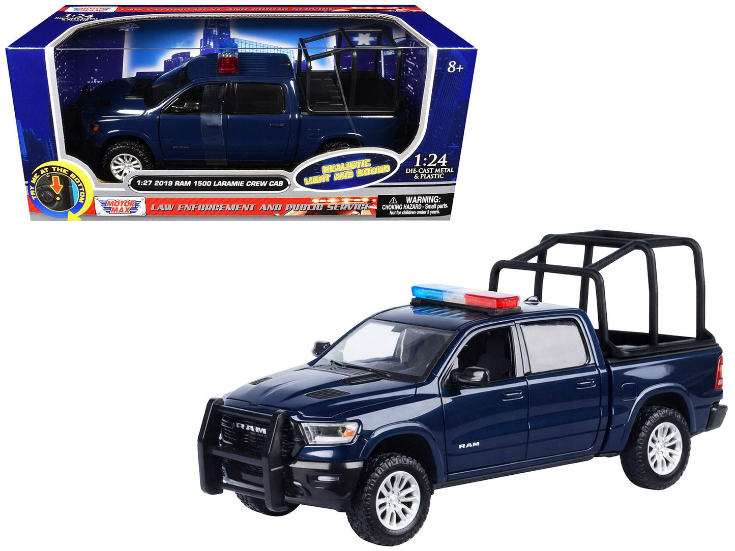 2019 RAM 1500 Laramie Crew Cab Pickup Truck with Bed Cage Dark Blue with Flashing Light Bar and Front and Rear Lights and Sounds 1/27 Diecast Model Car by Motormax free shipping USA