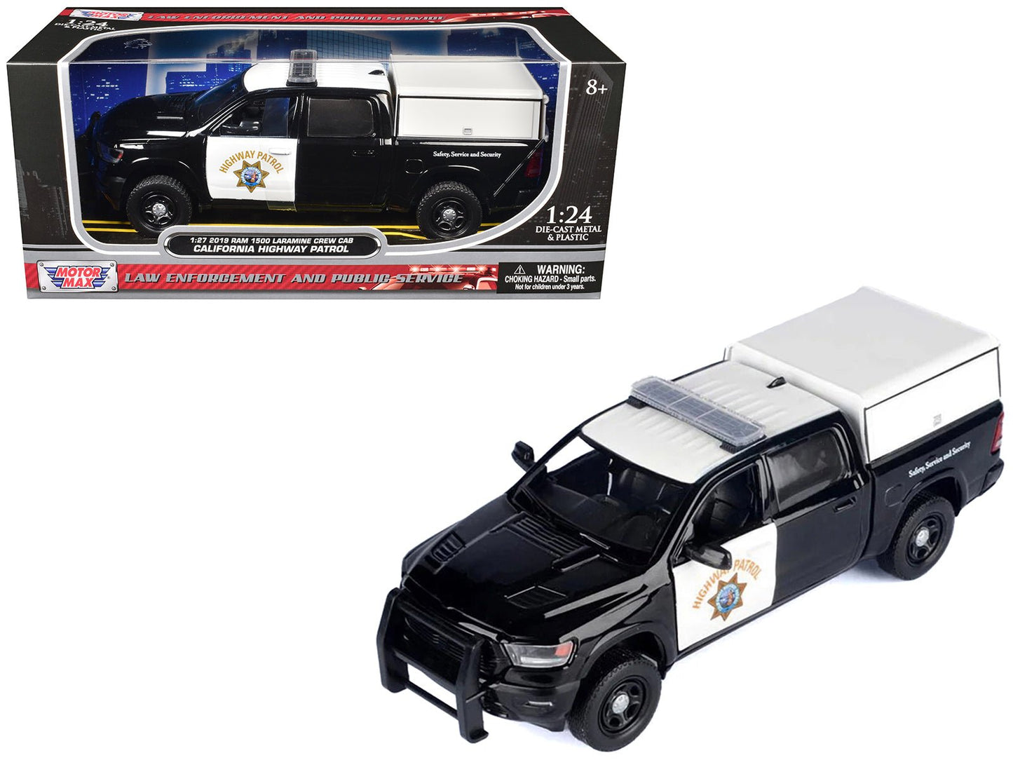 2019 RAM 1500 Laramine Crew Cab Pickup Truck "California Highway Patrol" Black and White with Truck Bed Camper "Law Enforcement and Public Service" Series 1/27 Diecast Model Car by Motormax free shipping USA