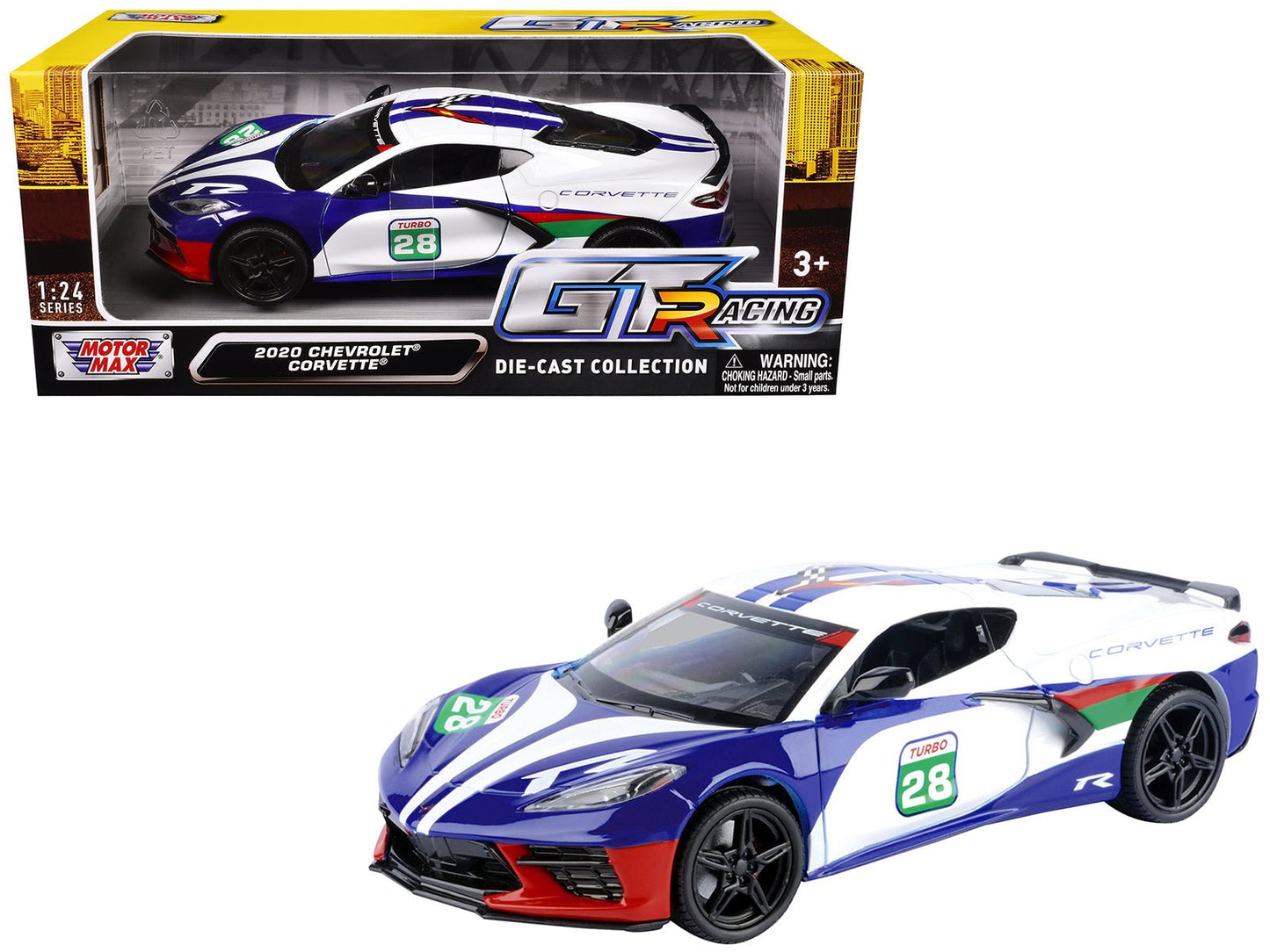 2020 Chevrolet Corvette #28 White with Blue Graphics "GT Racing" Series 1/24 Diecast Model Car by Motormax free shipping USA