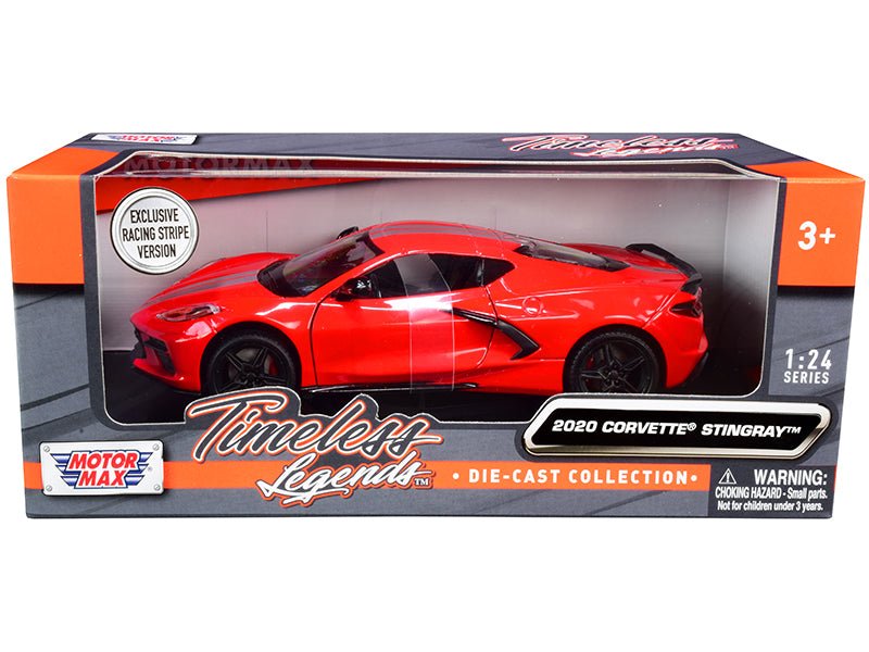2020 Chevrolet Corvette C8 Stingray Red with Silver Racing Stripes "Timeless Legends" 1/24 Diecast Model Car by Motormax free shipping USA