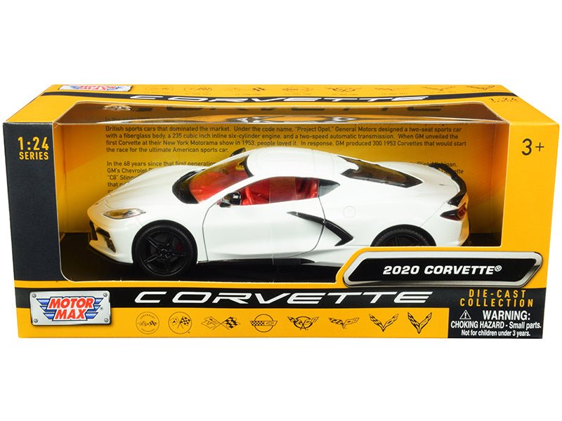 2020 Chevrolet Corvette C8 Stingray White with Red Interior "History of Corvette" Series 1/24 Diecast Model Car by Motormax free shipping USA