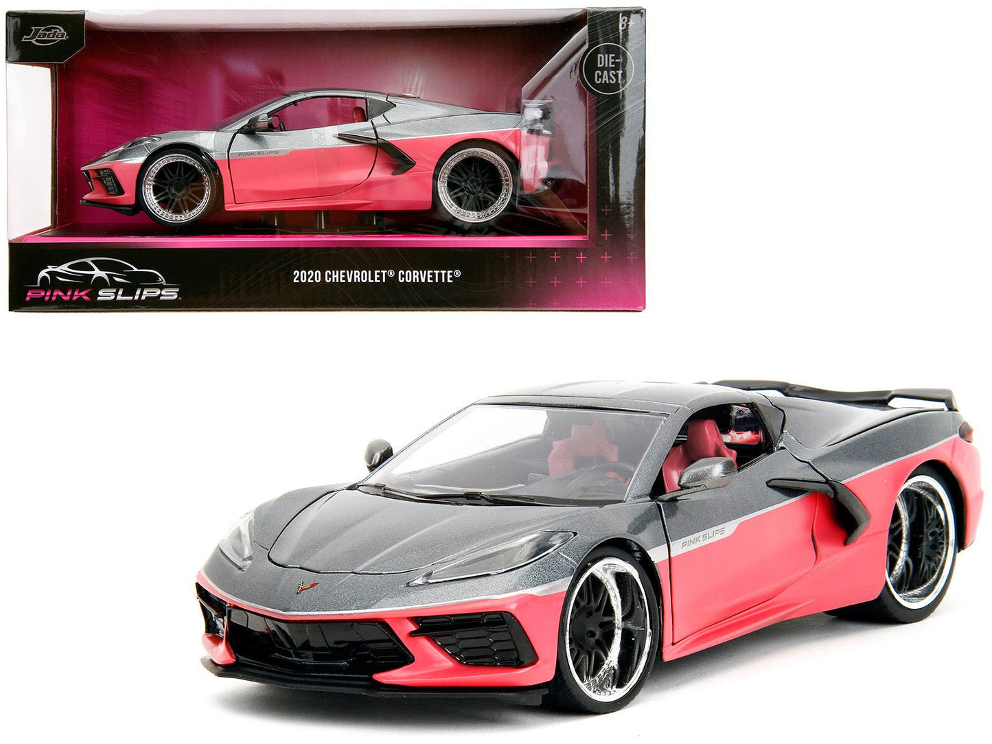 2020 Chevrolet Corvette Gray Metallic and Pink "Pink Slips" Series 1/24 Diecast Model Car by Jada free shipping USA