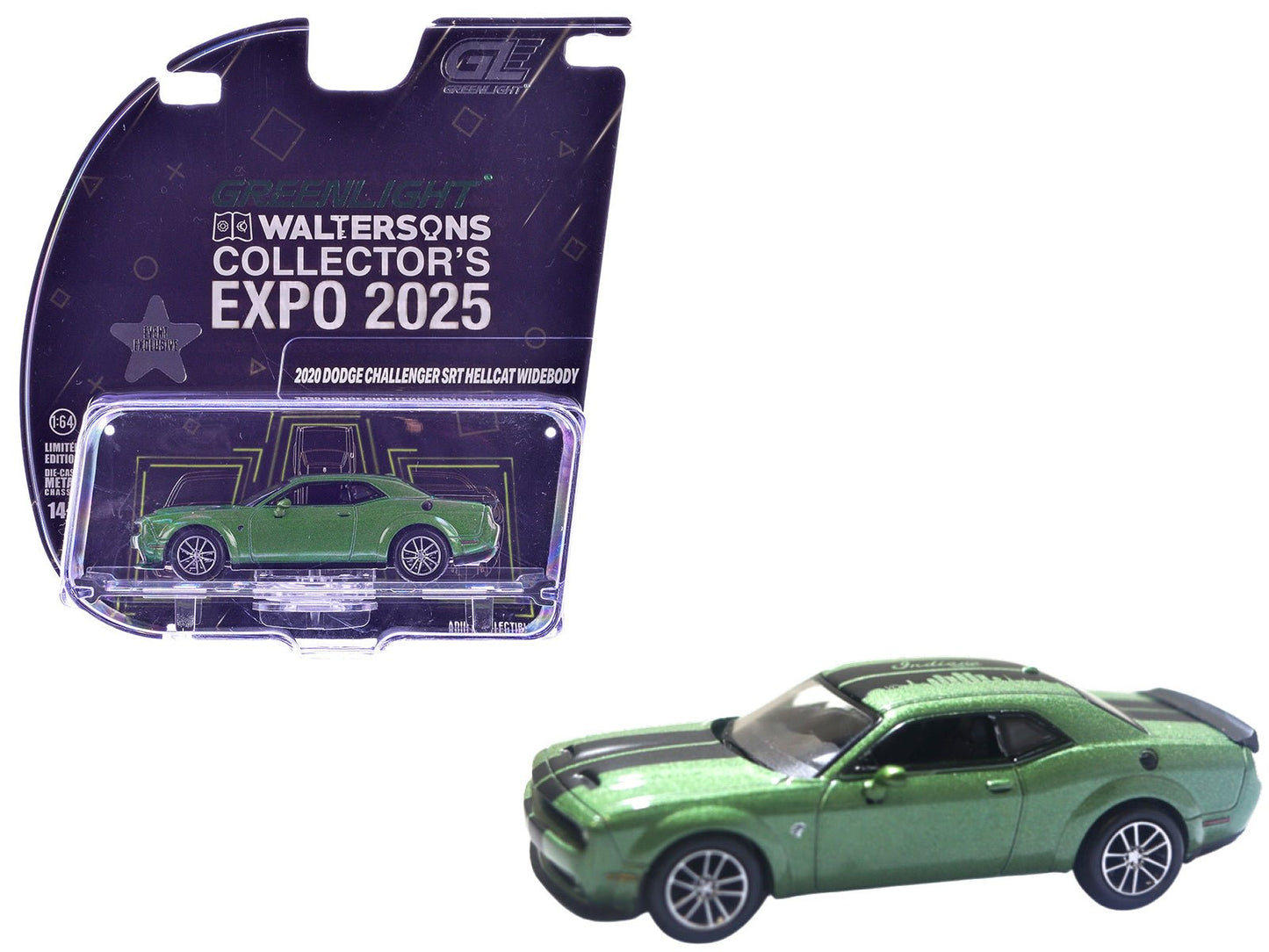 2020 Dodge Challenger SRT Hellcat Widebody F8 Green Metallic with Black Indiana Stripes "2025 Greenlight Waltersons Collector's Expo Exclusive" 1/64 Diecast Model Car by Greenlight free shipping USA