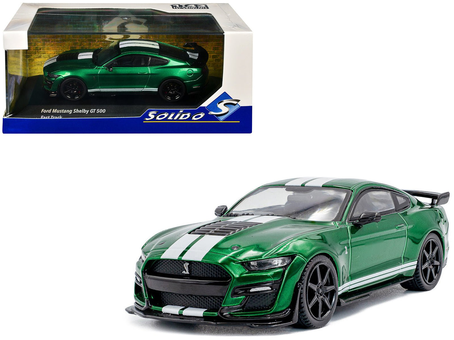 2020 Ford Mustang Shelby GT500 Fast Track Eruption Green Metallic with White Stripes 1/43 Diecast Model Car by Solido free shipping USA