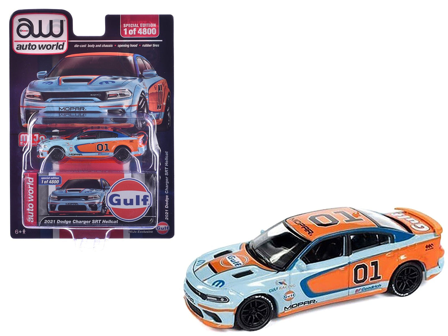 2021 Dodge Charger SRT Hellcat #01 "Gulf Oil-MOPAR" Light Blue and Orange Limited Edition to 4800 pieces Worldwide 1/64 Diecast Model Car by Auto World free shipping USA