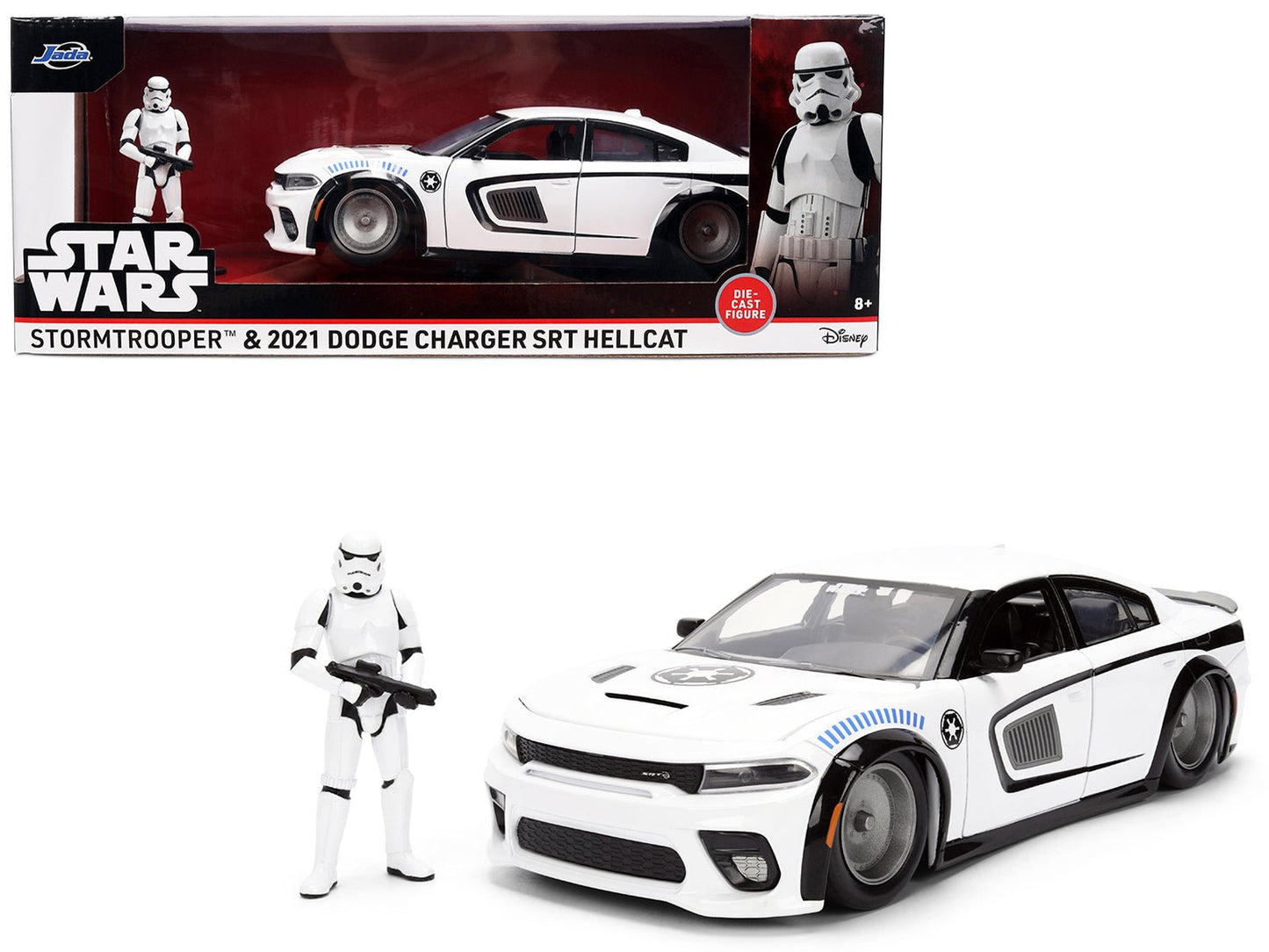 2021 Dodge Charger SRT Hellcat White with Graphics and Stormtrooper Figure "Star Wars" Franchise "Hollywood Rides" Series 1/24 Diecast Model Car by Jada free shipping USA