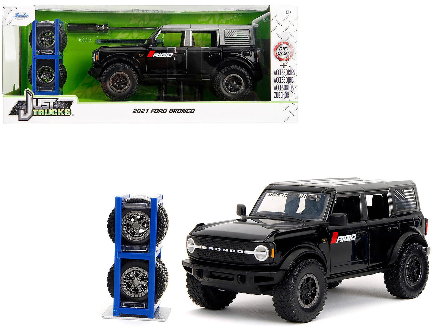 2021 Ford Bronco Badlands Black "Rigid" with Extra Wheels "Just Trucks" Series 1/24 Diecast Model Car by Jada free shipping USA