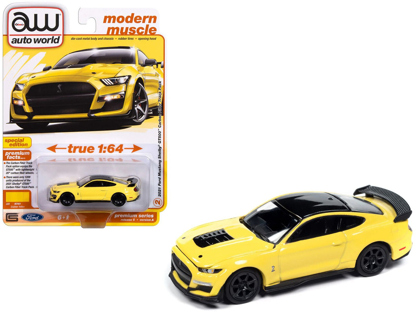 2021 Ford Mustang Shelby GT500 Carbon Fiber Track Pack Grabber Yellow with Black Top "Modern Muscle" Series 1/64 Diecast Model Car by Auto World free shipping USA