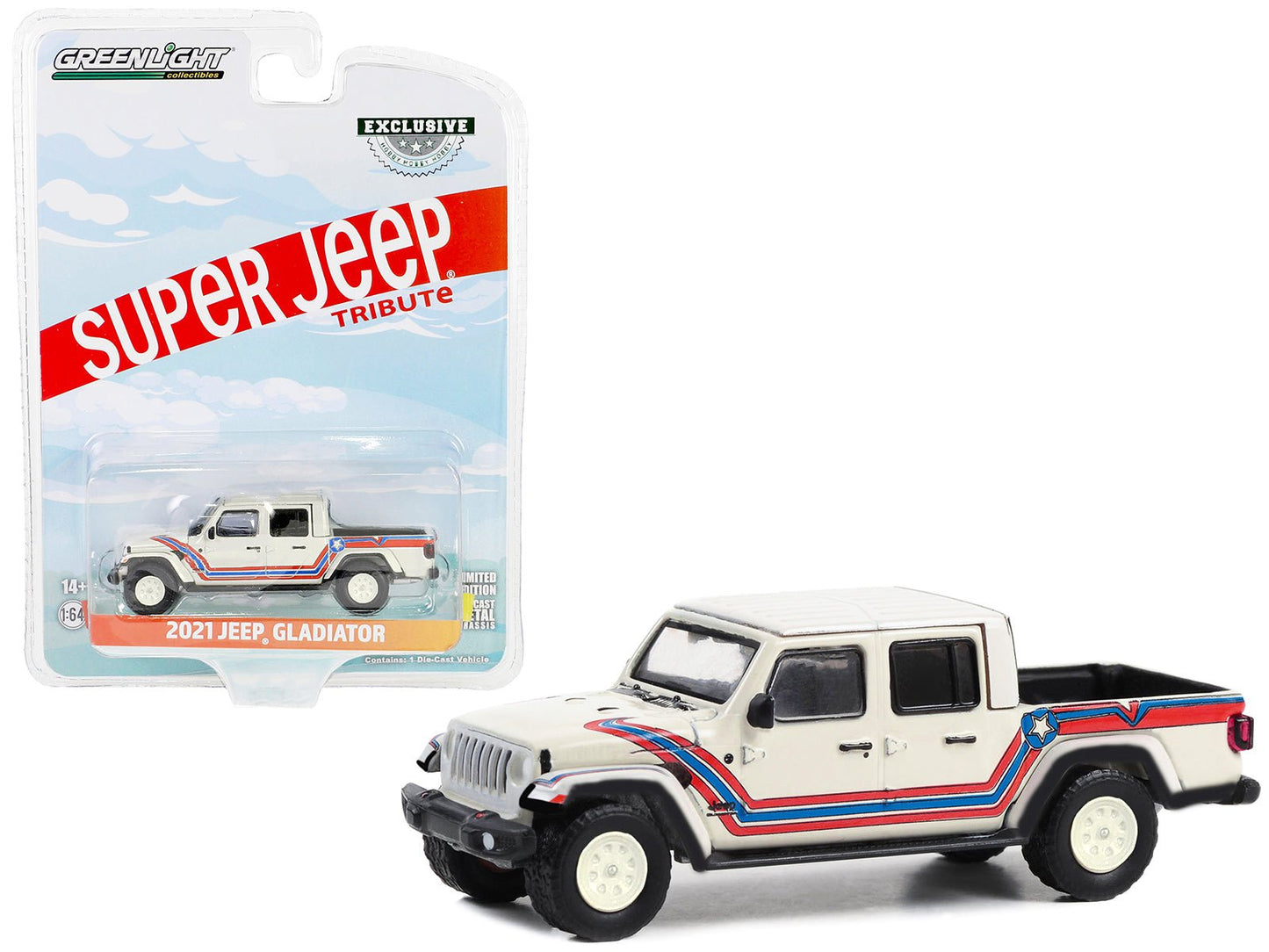 2021 Jeep Gladiator Pickup Truck "Super Jeep Tribute" White with Red and Blue Stripes "Hobby Exclusive" Series 1/64 Diecast Model Car by Greenlight free shipping USA