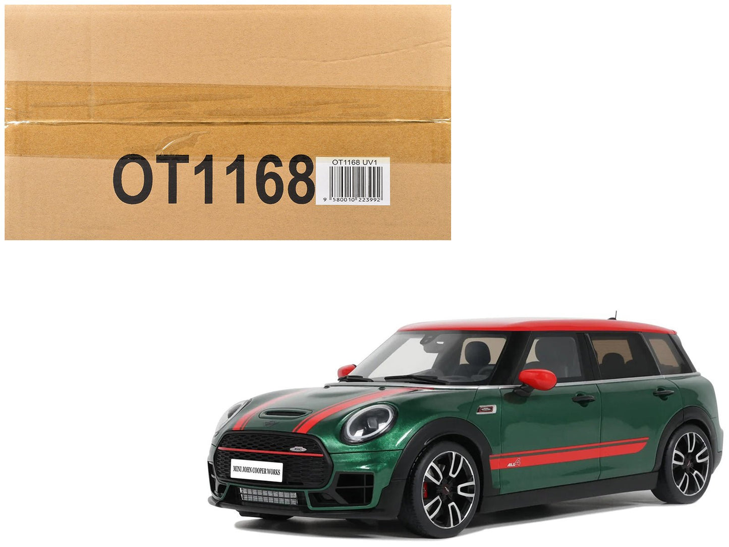2021 Mini Clubman (F54) JCW British Green Metallic with Red Top and Stripes Limited Edition to 999 pieces Worldwide 1/18 Model Car by Otto Mobile free shipping USA