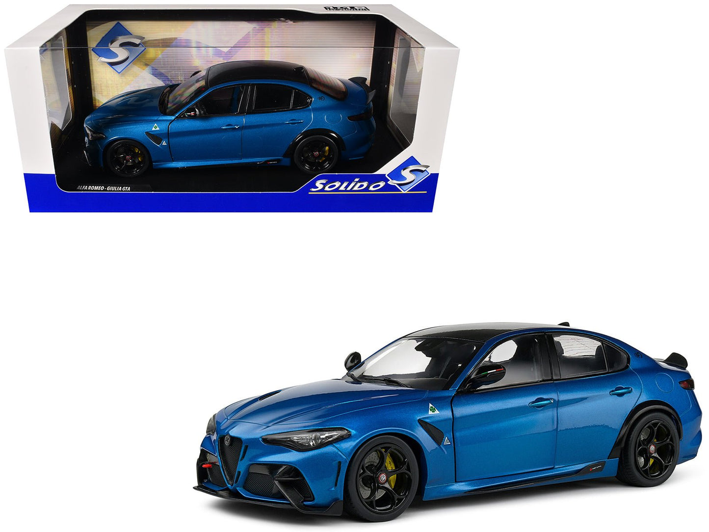 2022 Alfa Romeo Giulia GTA Anodized Blue Metallic with Carbon Top 1/18 Diecast Model Car by Solido free shipping USA