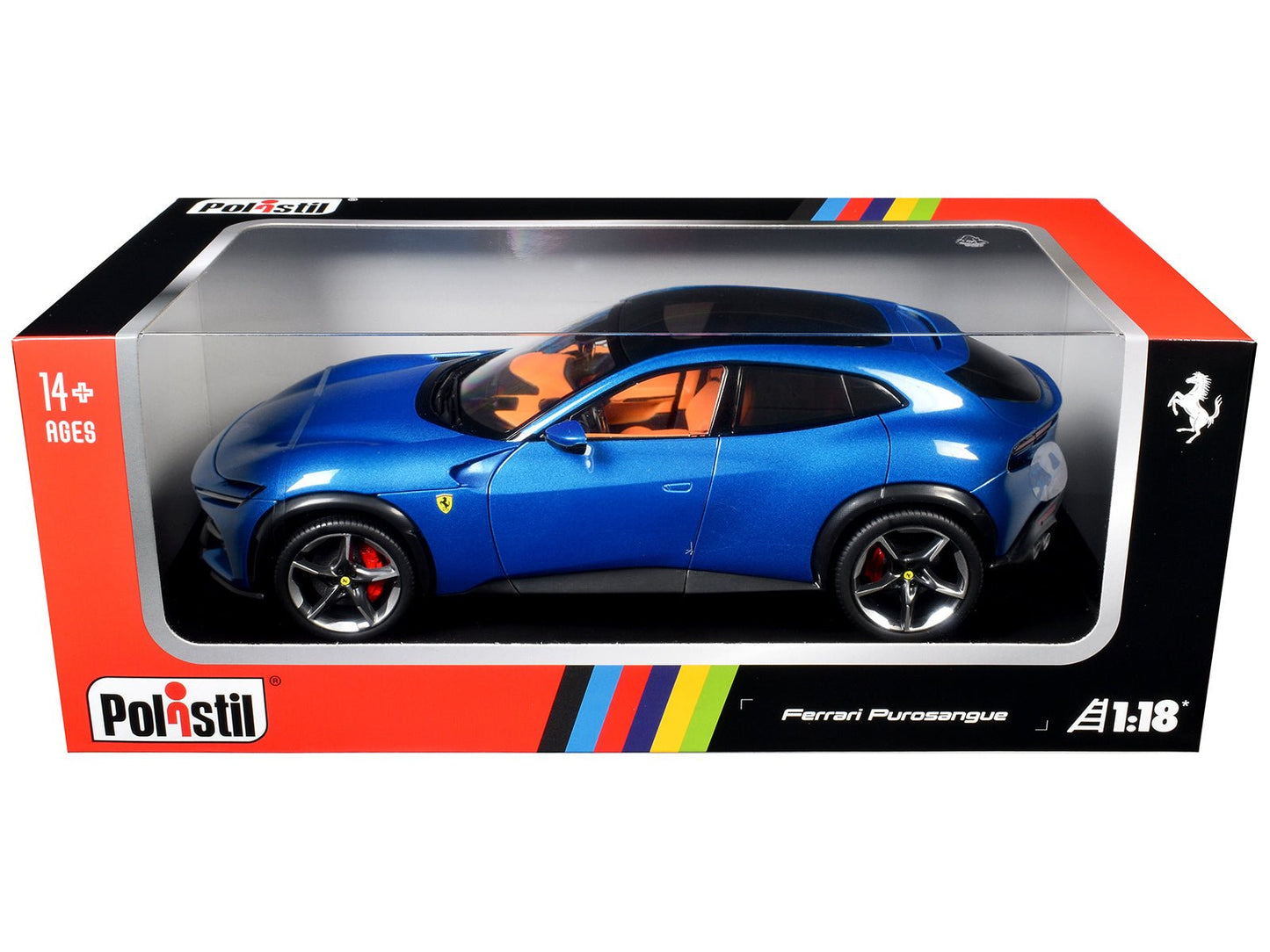 2022 Ferrari Purosangue Blu Corsa Blue Metallic with Black Top and Orange Interior 1/18 Diecast Model Car by Polistil free shipping USA