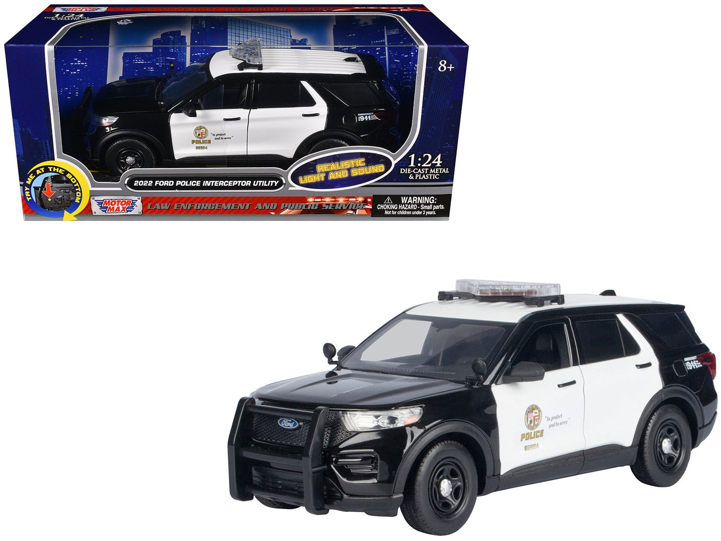 2022 Ford Police Interceptor Utility Black and White "Los Angeles Police Department (LAPD)" with Flashing Light Bar and Front and Rear Lights and Sounds 1/24 Diecast Model Car by Motormax free shipping USA